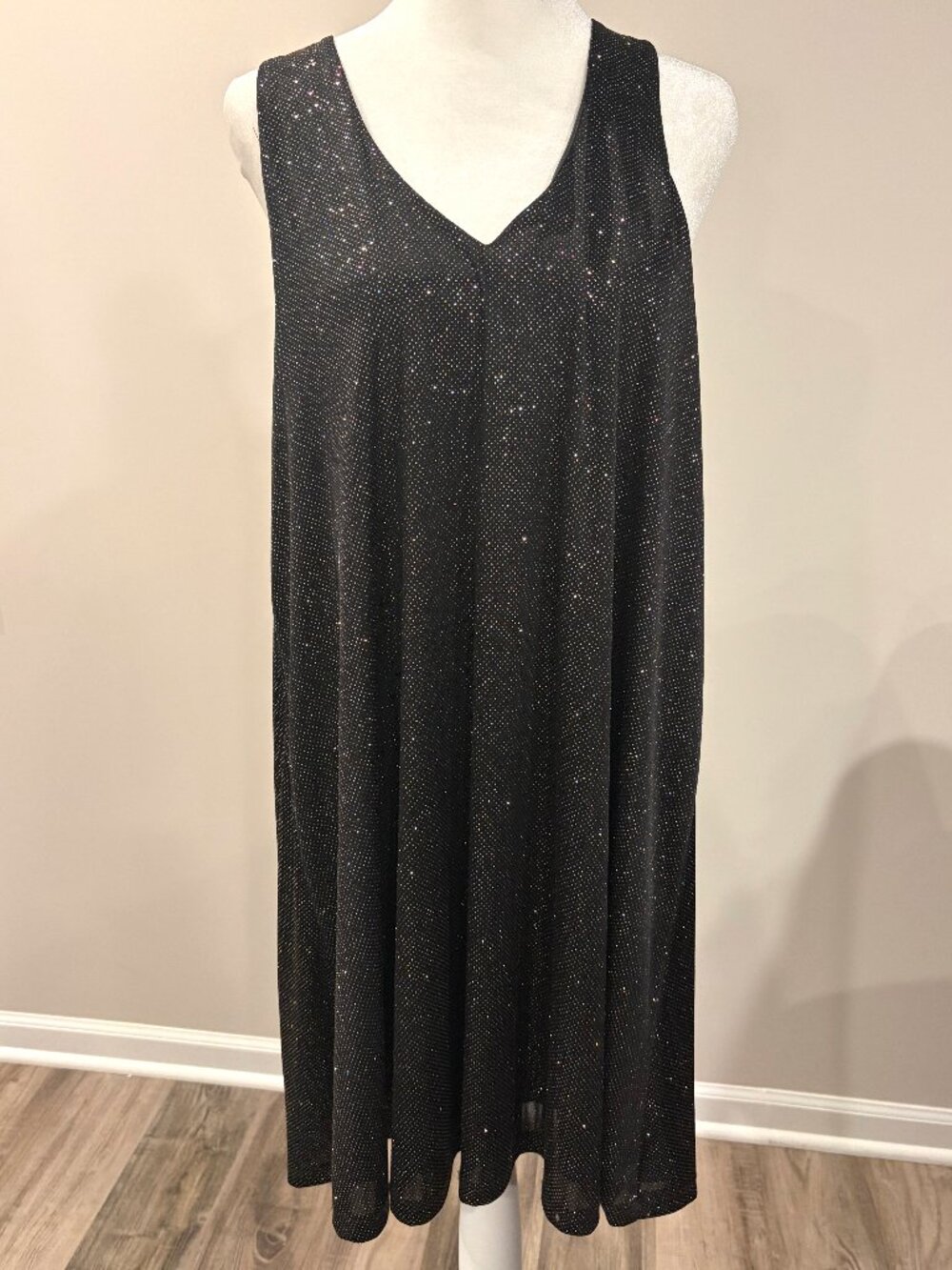 Everly‎ Black Multicolor Glitter Dress L V Neck Racerback Whimsigoth Party Shift